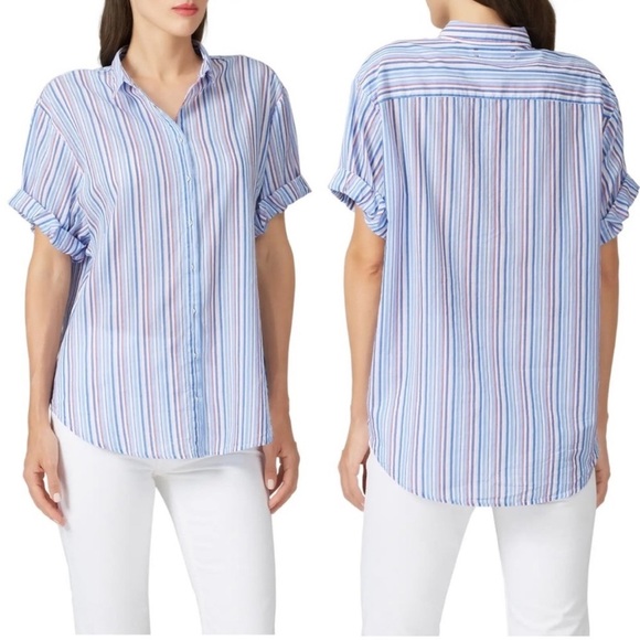 Xirena Short Sleeve Channing Striped Button Down Shirt Blue Red Stripes Small - Picture 1 of 6